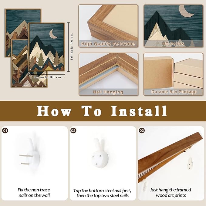 BINCUE Boho Mountain Wall Art Framed,Large Landscape Wall Decor Canvas,Modern Nature Artwork Forest,Abstract Blue Mountain Art Prints Wood for Home Bedroom Living Room Office 12" Lx16''W Set of 3