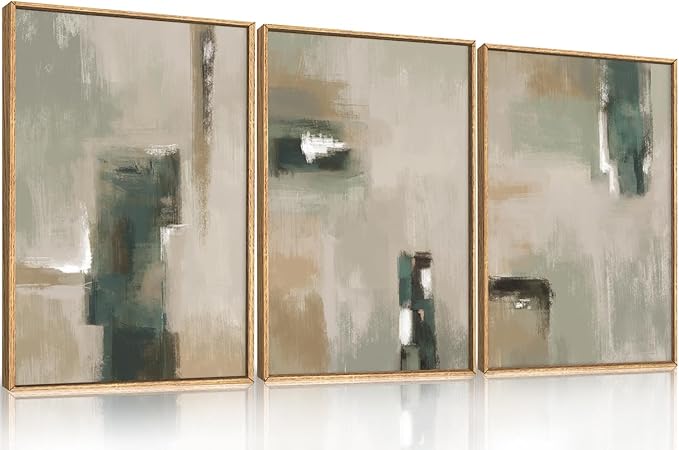 Large Abstract Green Brown Framed Canvas Wall Art,Modern Brush Stoke Wall Decor,Neutral Beige Grey Painting,Rustic Minimalist Artwork for Living Room,Bedroom,Dining Room,Office -24"x36"x3