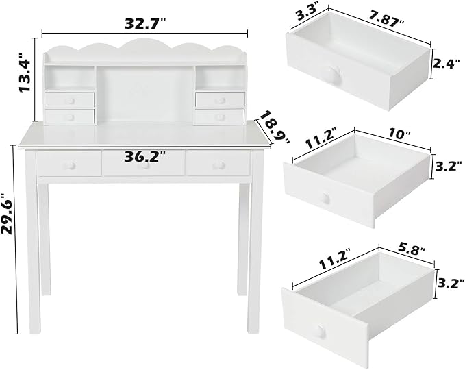 ADORNEVE Writing Desk with 7 Drawers, Home Office Desk with Hutch, Student Desk Study Table, Small White Desks, Solid Pine Wood Legs