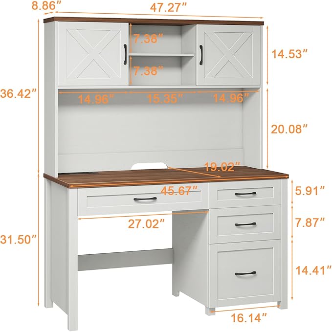Farmhouse 67" H Executive Desk with Hutch,Computer Desk with 4 Drawers and LED light, Office table with Storage Cabinet & File Drawers and Charging Station, Workstation for Home Office and Study