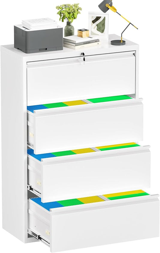 Oakcloud 4 Drawer File Cabinet for Home Office, Filing Cabinet with Lock, Metal Vertical File Storage Cabinet for A4/F4/Letter/Legal Size, Easy Assemble (36“-White)