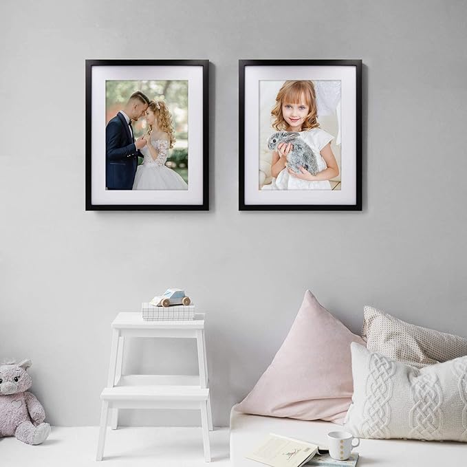 Egofine 16x20 Solid Wood Poster Frame Matted for 11x14 and 12x16 Black - Acrylic Plexiglass Front for Wall Mounting Hanging Picture Frame Vertically or Horizontally, Set of 2