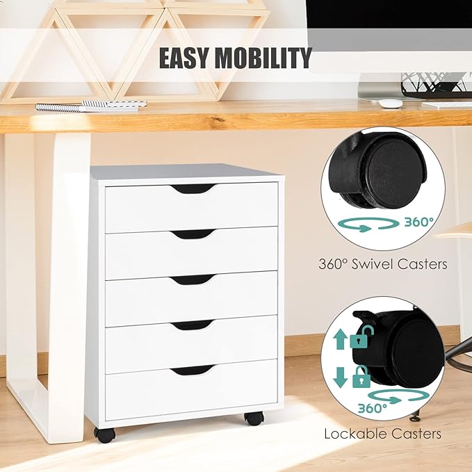 5 Drawers File Storage Cabinet, 26.5" Vertical Filling Cabinet for Home Office, Under Desk Office Drawer Organizer, Universal & Lockable Casters, Rolling Printer Storage Rack (White)