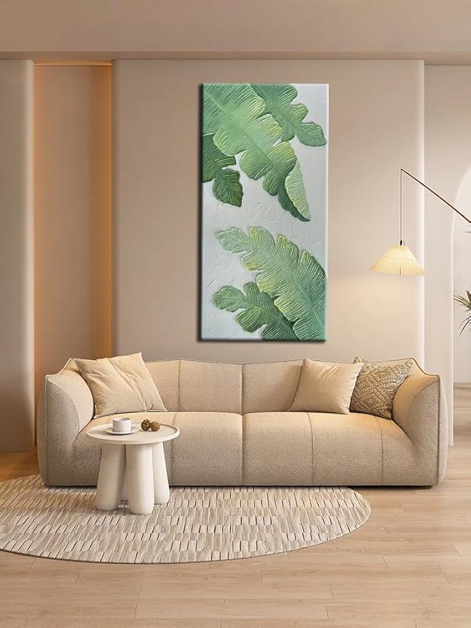 YaSheng Art- Handmade Modern Wall Art Oil Paintings , 3D Textured Wall Art Green Large leaf plant Artwork paintings ,Modern Minimalist Abstract Wall Art painting, Wall Art for living room Bedroom Wall Deco Home, Framed Wall Art Pictures 24X48 Inches
