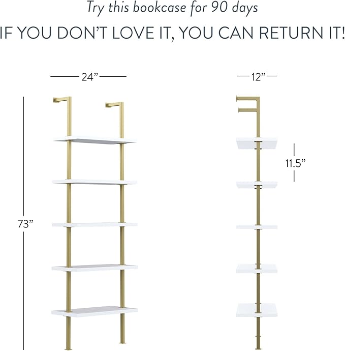 Nathan James Theo 5-Shelf Gold, Ladder Bookcase with Gold/Brass Metal Frame, White, Set of 3