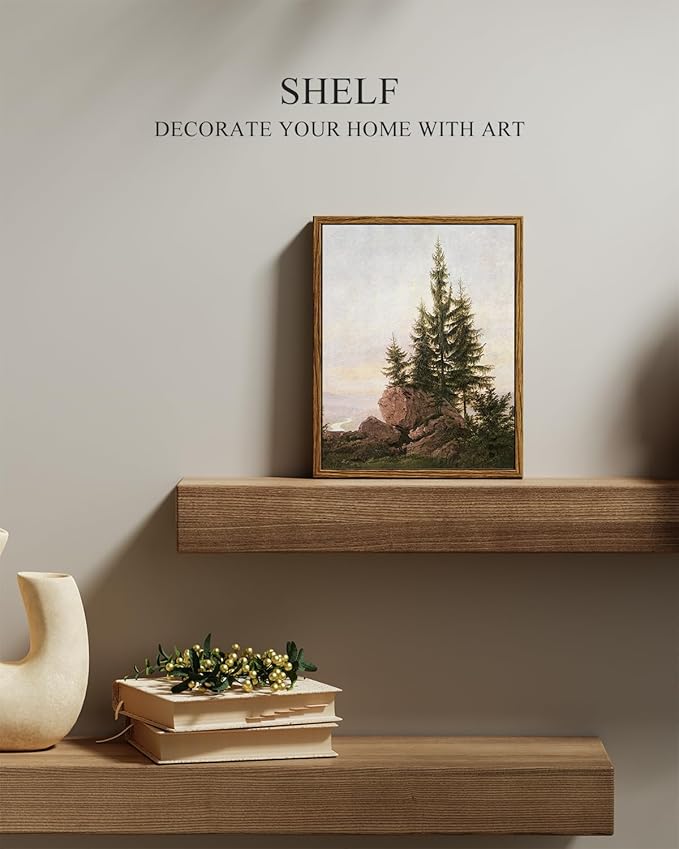 InSimSea Framed Canvas Print Art, Vintage Rocky Pine Forest Landscape Painting, Rustic Farmhouse Cottage Decor for Hallway Wall Floating Shelf Desk Vanity Fireplace,10x8in, Neutral Tones