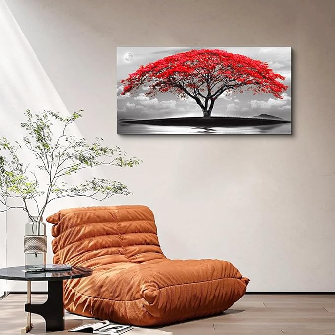 Wapluam Black And White Pictures Large Canvas Prints Wall Art For Living Room Bedroom Wall Decor Red Tree Landscape Painting To Hang Modern Home Decorations For Office Stretched And Framed Artworks