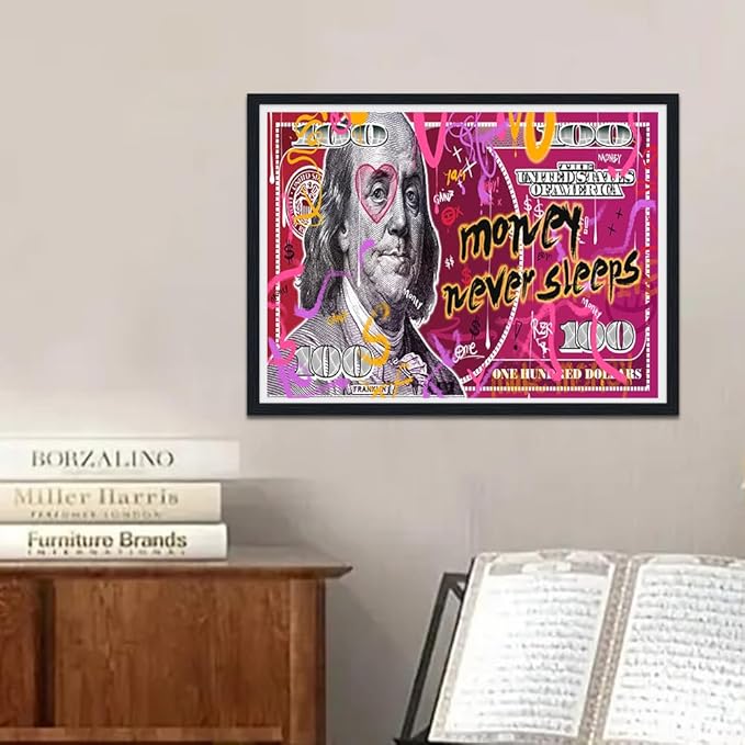 Money Wall Art Pink Dollar Money Never Sleeps Posters Inspirational Canvas Print Artwork Motivational Wall Decor Suitable for Office Living Room Decor Ready to Hang 12X16inch