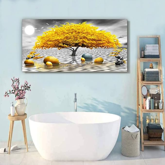 Wapluam Farmhouse Canvas Wall Art For Living Room & Office - Large Wall Decor - Black & White Wall Painting - Yellow Tree View - Framed Prints - 30"X60"