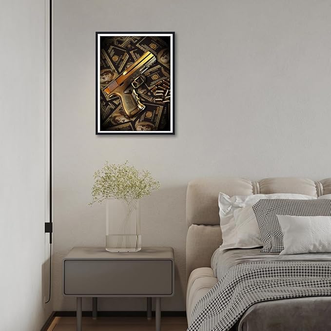 Money Wall Art Real 100 Bill Dollar Poster Cash Money Collection Gun Motivational Canvas Print Wall Decor for Office Home Living Room Decor Ready to Hang 12x16inch