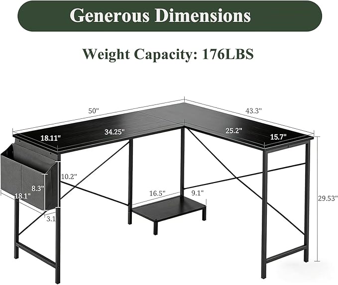 L Shaped Desk, 50 Inch Reversible Computer Desk Corner Gaming Table with CPU Stand & Storage Bag, Sturdy Metal Frame PC Workstation for Home Office