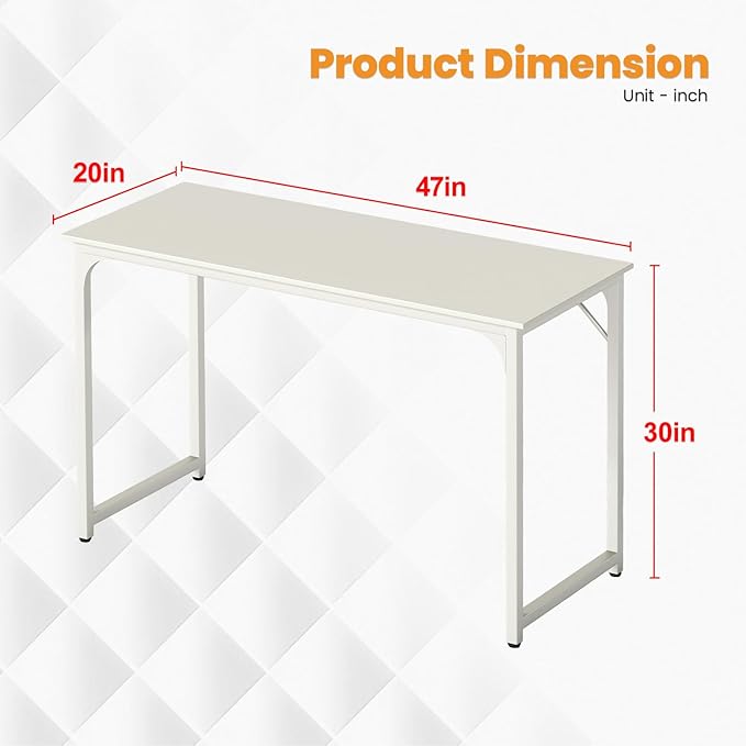 Dkelincs 47 Inch Computer Desk Home Office Desk Gaming Writing Desk Modern Simple Style Study Work Table with Metal Frame, Large Legroom, Adjustable Feet, Water-Resistant, Scratchproof Surface, White