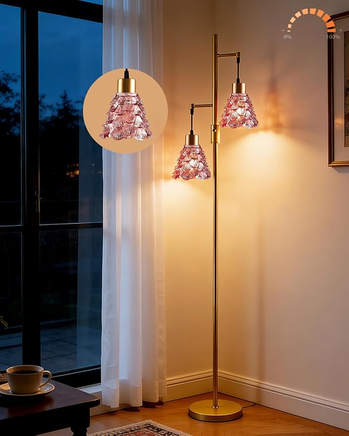 Lightdot 65IN Glass Floor Lamp for Living Room, 2- Light Gold Floor Lamps with Rose Red Glass Shade& 3000K Warm White Bulbs, Modern Standing Tall Lamp for Bedroom/Corner Beside/Home Decor