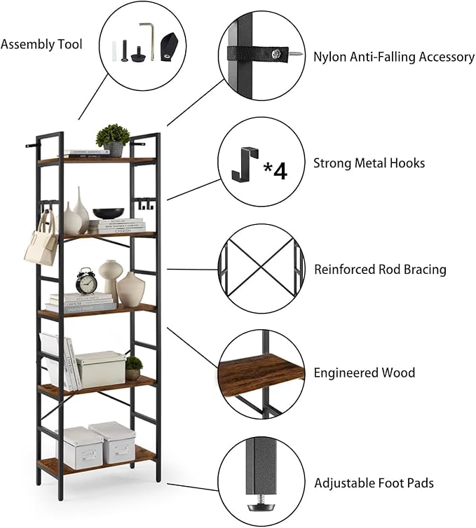 Luckyeestar 5Tier Storageshelves Bookshelf -, Metal Bookcase Shelving Unit- Modern Tall Narrow Bookshelf with 4 S-Hooks, Floor Standing Organizer for Home Office, Bedroom, Living Room Corner
