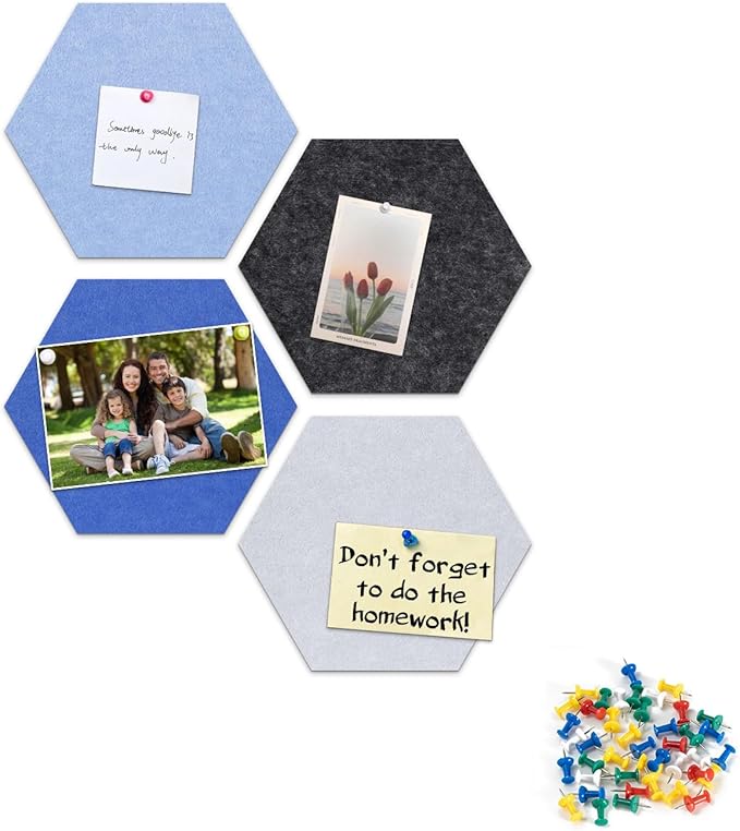 4 Pack Hexagon Felt Bulletin Board Tiles - 11.8" Large Thick Pin Board for Walls with 30 Push Pins, DIY Boards for Office Home School Decor, Aesthetic Hex Cork Board Alternative