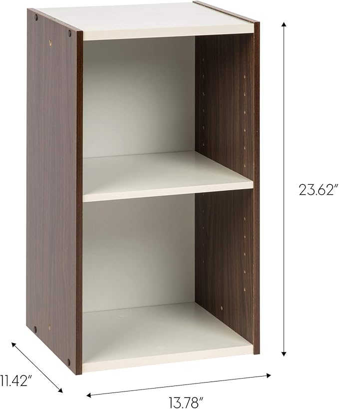 IRIS USA, Inc. 2-Tier Cubby Storage Bookshelf with Adjustable Shelves, 14" Width Stackable Easy Assembly Space Saving Shelving Unit Bookcase, Walnut Brown/White
