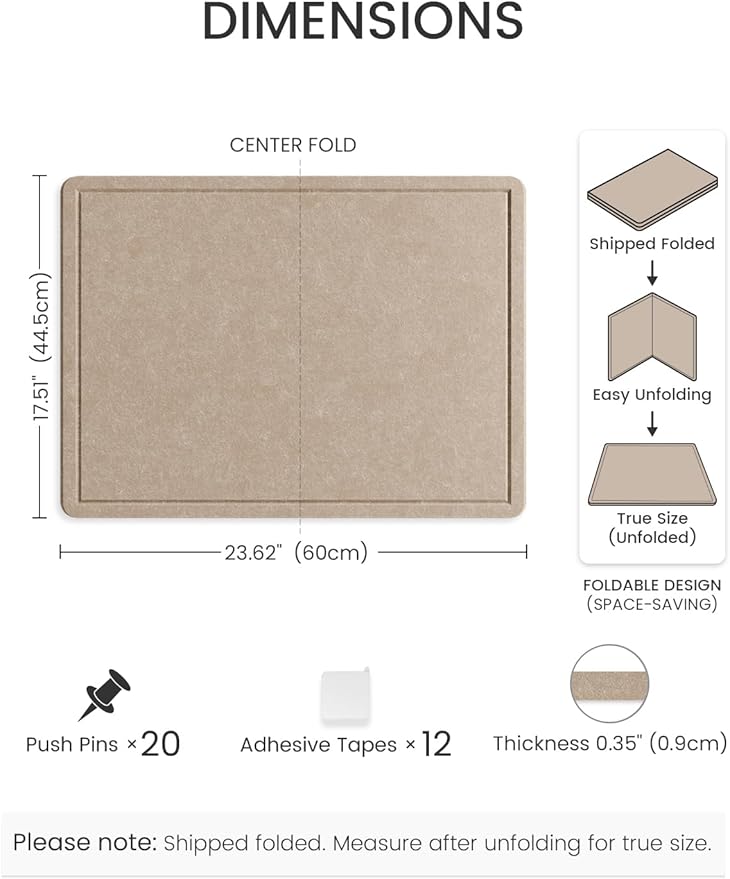 Fluxynara Bulletin Board, 23.6" x 17.5" Cork Board Alternative with 12 Safe Removable Adhesive Tabs, Foldable Felt Pin Board for Home Office, Classroom, Bedroom,Entryway for Walls— Taupe