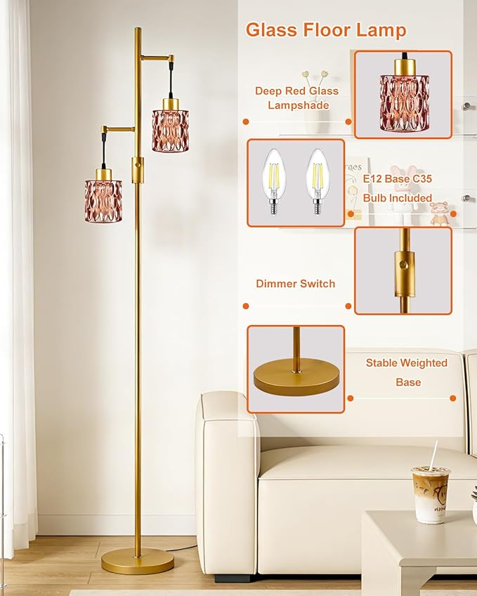 Lightdot 65IN Industrial Gold Floor Lamp for Living Room, 2- Light Rose Red Glass Floor Lamps with 3000K Warm White Bulbs, Modern Tree Standing Tall Lamp for Bedroom Office