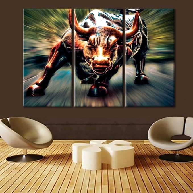 Large Wall Decor 3 Panel Wall Street Bull Painting on Canvas Prints Stretched and Framed Pictures to Photo Paintings Ready to Hang for Home Decorations Office Wall Decor - 60" Wx40 H
