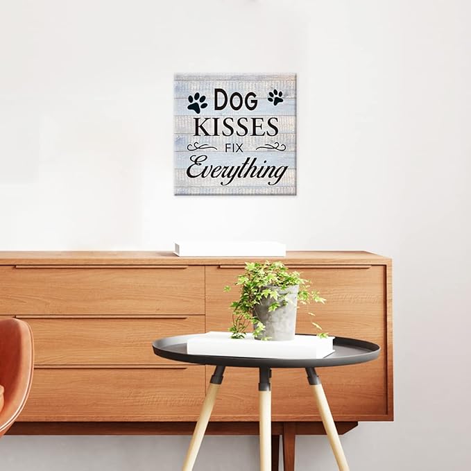 Funny Farmhouse Dog Canvas Wall Art Decor Dog Kisses Fix Everything Rustic Sign Painting Plaque Vintage Animal Pictures Print Home Decoration (8 X 8 Inches, Framed)