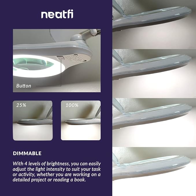 Neatfi LED Magnifying Lamp 1,200 Lumens with Clamp – 5” 8-Diopter Glass Lens, Dimmable Task Light | Adjustable Arm | Reading, Sewing & Crafting (White, 8 Diopter)