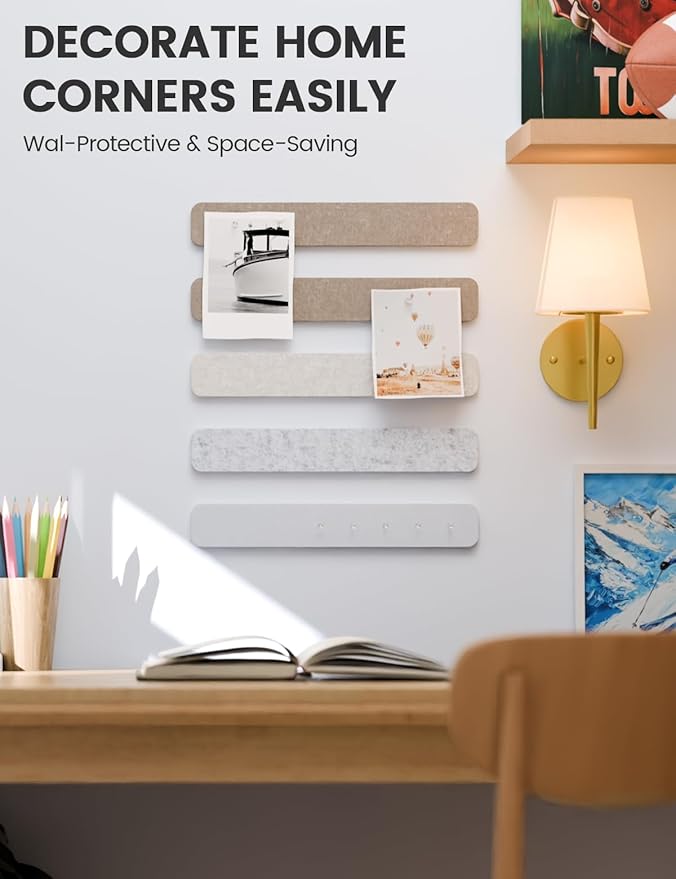 Fluxynara Cork Board Alternative Felt Strip Board 5-Pack 13"x2", Office Pin Board with 35 Push Pins, Adhesive Install for Bedroom Door & Home Office(Stone Beige)