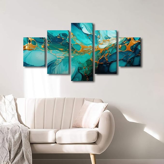 Abstract Canvas Wall Art Decor for Bedroom Modern Living Room Wall Art Abstract Seawater and Sediment Painting Artwork 5 Panel wall art for Office Decor Stretched and Framed Ready to Hang 60x32 in