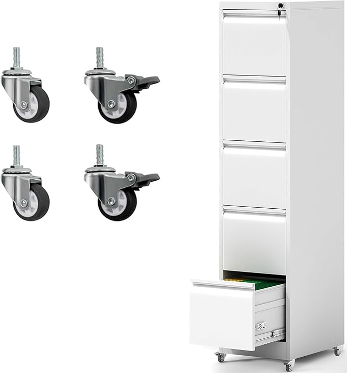 5 Drawer File Cabinet with Wheels, Metal Mobile Filing Cabinets with Lock, Vertical File Cabinet for Home Office, Rolling Storage Cabinet for A4/Letter/Legal Size File, Assembly Required, White