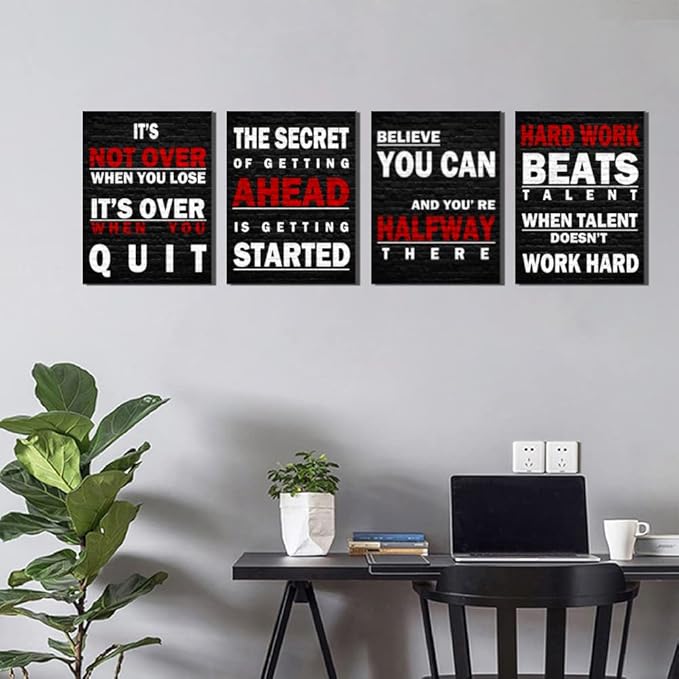 Inspirational Office Wall Art Décor Black and White Canvas Art Print Motivational Quotes Posters for Home Gymnasium, Fitness Center Wall Decor-Work Hard Beats Talent-Believe You Can-It's Not Over When