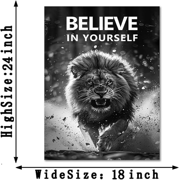 Yatsen Bridge Motivational Lion Canvas Wall Art Black & White Running Lion Poster BELIEVE Yourself Prints Wall Decor for Apartment Modern Home Bedroom Office Decoration Easy to Hand 18x24inch