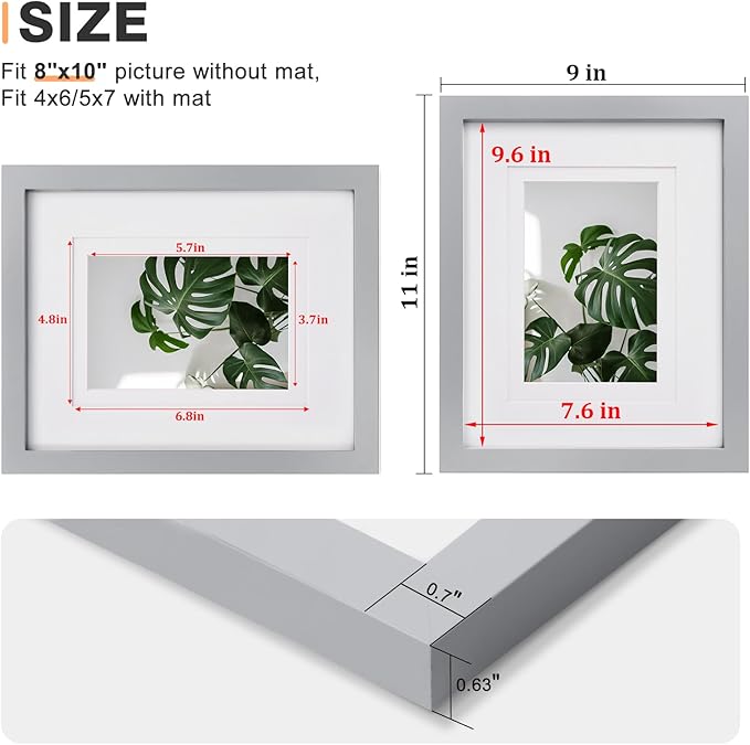 Egofine 8x10 Picture Frames 4 Pack Solid Wood Frames Covered by Plexiglass for Pictures 4x6 or 5x7 with Mat or 8x10 Without Mat, Photo Frames for Table Top and Wall Display, Light Gray