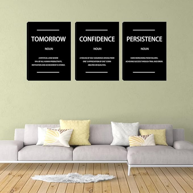 Motivational Black Wall Art Persistence Confidence Tomorrow Noun Inspirational Painting Wall Art 3 Pieces Canvas Print Office Decor Poster Framed Quotes Wall Art Office Decoration - 36" W x 16" H