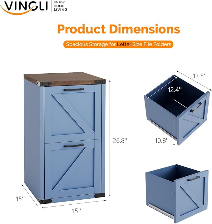 VINGLI 2 Drawer Farmhouse Metal File Cabinet, Home Office Filing Organizer for Letter File Folder Storage, Printer Stand with Drawers, Archivador, Vertical Filing Cabinet for Study, Business (Blue)