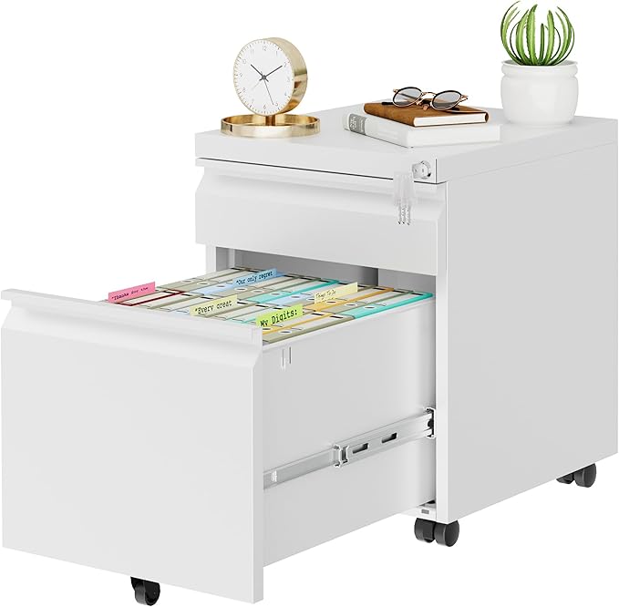 2 Drawers File Cabinet, Metal Filing Cabinet with Lock, Mobile File Cabinet, Fully Assembled Except Casters, for Home Office, for A4, Letter, Legal File Folders, White