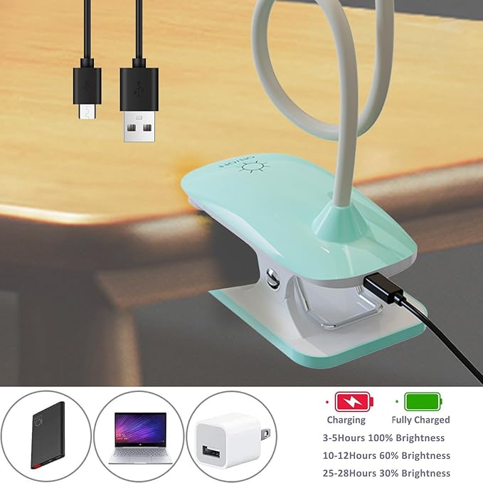 Clip On Reading Light for Bed Headboard, USB Rechargeable Desk Lamp for Dorm Room Essential, 5W, 3 Colors Touch Dimmable, Eye Protect, Green