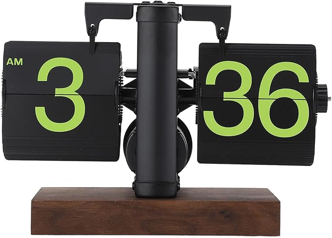 FOSA Flip Desk Clock, Retro Vintage Flip Desk Table Clock, Digital Sided Large Numbers Mechanical Flip Clock Wood Base for Living Room, Study Room and Office（Frosted Black）