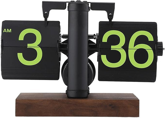 FOSA Flip Desk Clock, Retro Vintage Flip Desk Table Clock, Digital Sided Large Numbers Mechanical Flip Clock Wood Base for Living Room, Study Room and Office（Frosted Black）
