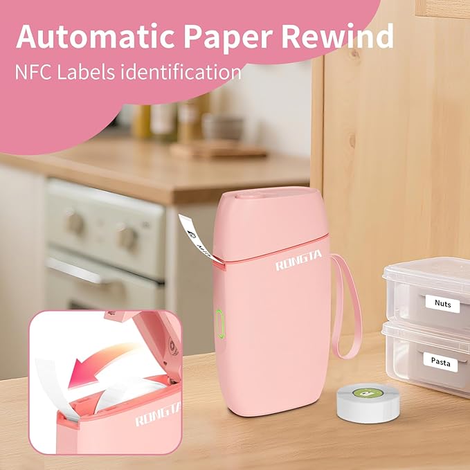 Rongta Mini Label Maker Machine with Tape, Bluetooth Label Printer R5, Portable Wireless Sticker Labeler with Multiple Templates for Office Organization Home Kitchen School (Pink)