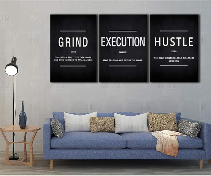 BWSPACE Grind Hustle Execution Wall Art Motivational Wall Decor Office Wall Decor Pictures Posters 3 Pieces Framed Canvas Wall Prints Artwork Home Gym Ready to Hang (GRIND, 72" L x 36" W)