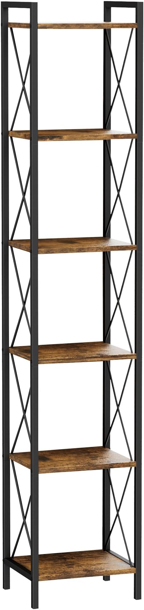 Homhedy 6 Tier Bookshelf, Tall Narrow Bookcase for Small Space, Metal Storage Book Shelf, for Home Office, Living Room, Kitchen, Bedroom, Industrial Style, 10.4" D x 13" W x 67.4" H, Rustic Brown