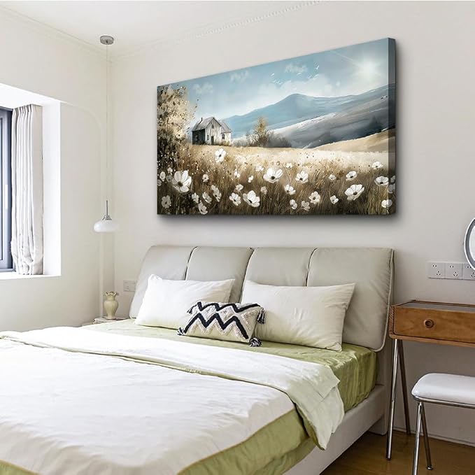 Wapluam Wall Art - Canvas Wall Decor For Living Room & Bedroom - Field Scenery Watercolour Painting - Stretched & Framed - Ready To Hang