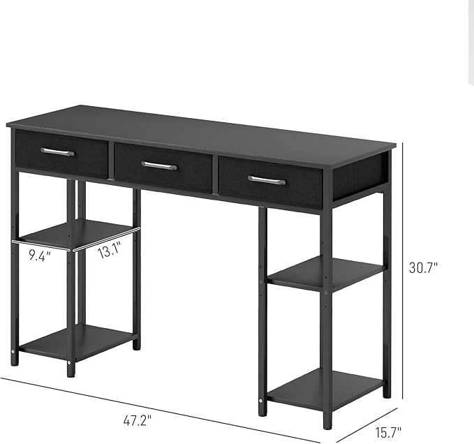 HOMCOM 47" Computer Desk with 3 Fabric Drawers, Home Office Desk with Adjustable Shelves, Small Writing Desk with Storage, Black