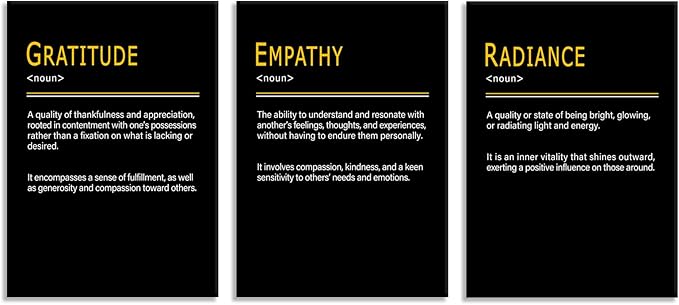 WYJDFART 3 Pieces GRATITUDE EMPATHY RADIANCE A Positive Emotional Chain Inspirational Quotes Posers Motivational Wall Decor for Office Home Bedroom Workplace Framed Ready to Hang [60''Wx 28''H]