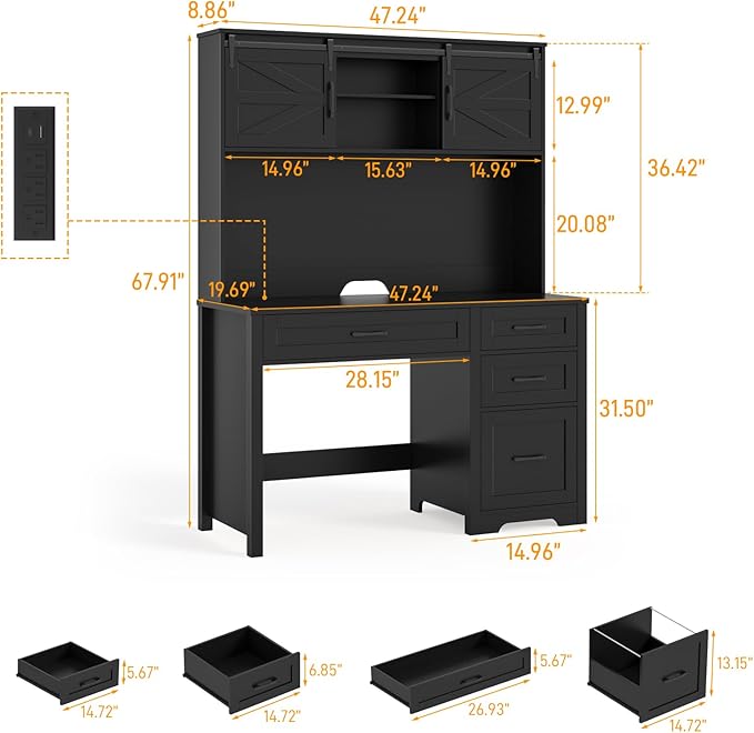 Farmhouse 67" H Executive Desk with Hutch,Computer Desk with Charging Station,Office Table with LED Light and 4 Drawers,File Drawers and Storage Cabinet,Workstation for Home Office.Black