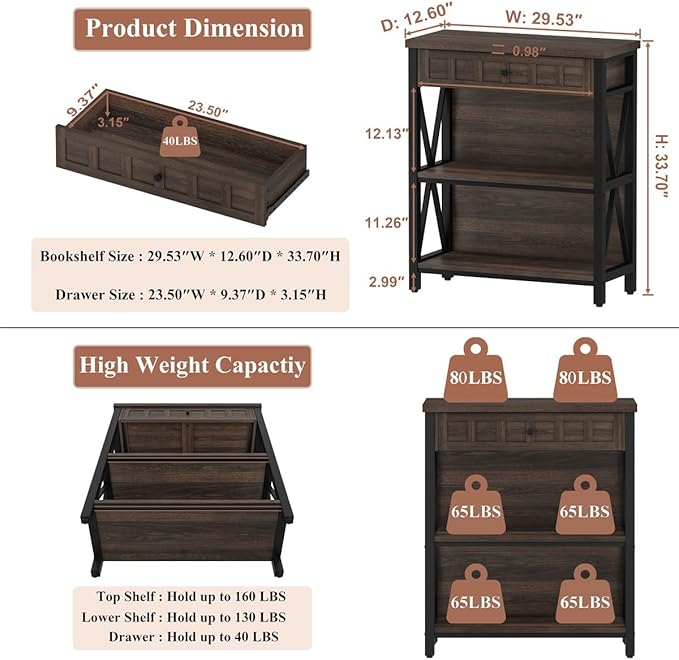 FATORRI Small Bookcase with Drawer, Industrial 3 Shelf Bookshelf, Wood and Metal Book Shelf, Short Book Shelves and Low Book case for Small Space (Dark Walnut)