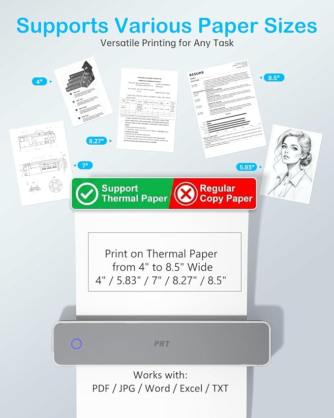 PRT Inkless Portable Printer for Travel, Wireless Thermal Printer Support 8.5 x 11 Inch US Letter A4 B5, Bluetooth Mobile Printers with iOS, Android, Laptop for Home Use, Car, Office, School, Grey