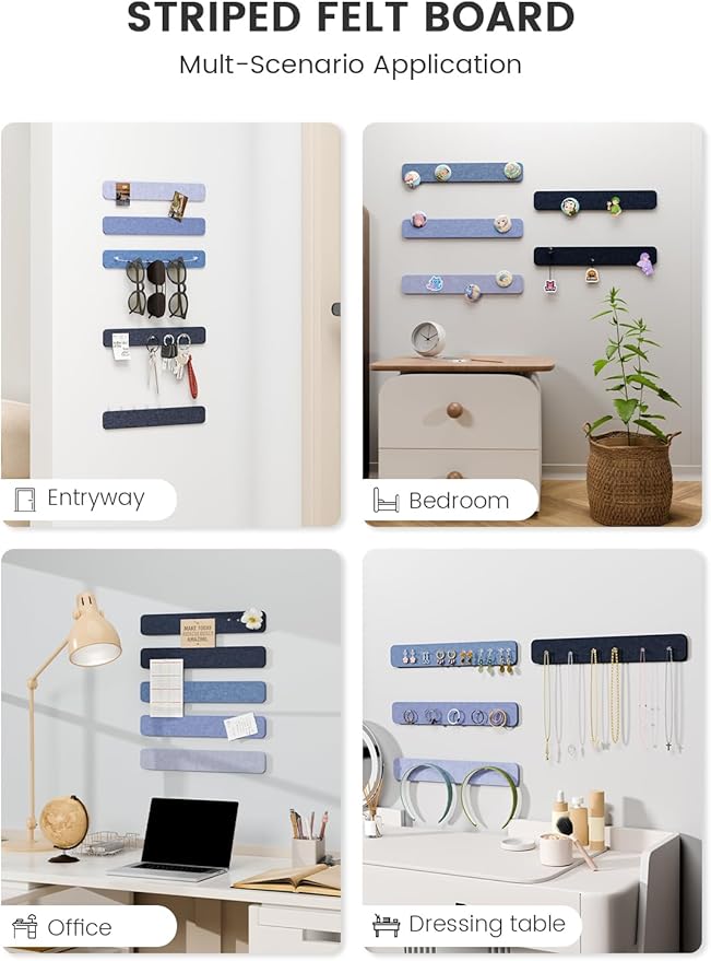 Fluxynara Cork Board Alternative Felt Strip Board 5-Pack 13"x2", Office Pin Board with 35 Push Pins, Adhesive Install for Bedroom Door & Home Office(Denim Mist)