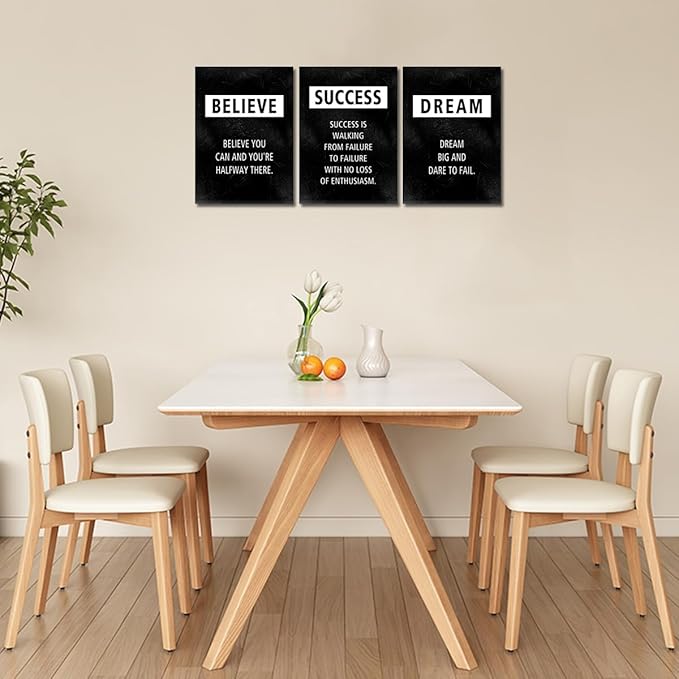 3 Piece Motivational Wall Art - Framed Believe Success Dream Canvas Prints Positive Quotes Poster Inspirational Wall Decor Office Picture Black Inspiring Artwork Modern Painting for Home, 12x16 in