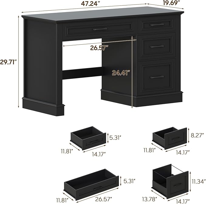 Vabches Farmhouse 47" Executive Desk with File Drawer, Computer Desk with 4 Drawers, Workstation for Study, Home Office, Writing, (Pure Black).