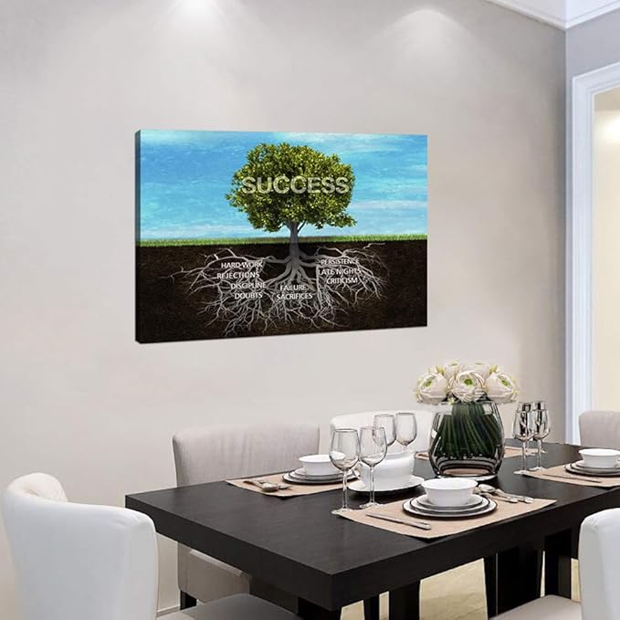 Framed Motivational Canvas Wall Art Success Tree Roots Inspirational Posters Office Quotes Wall Decor Entrepreneur Posters Ready to Hang for Home Office Decor - 24''Hx36''W